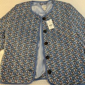J. Crew Block-Print Floral Quilted Jacket In Quiet Harbor Blue Size 8